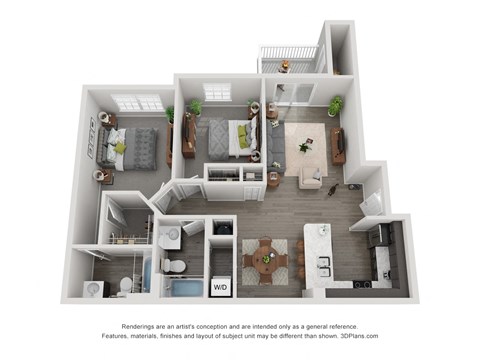 Floor plan for 2 beds, 2 baths, 1005 sqft